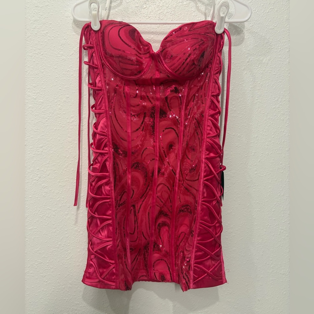 Lulus Enticing Sparkle Hot Pink Sequin Lace-Up Strapless Mini Dress - Picture 5 of 8